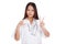 Asian young female doctor show victory sign with blank card