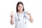 Asian young female doctor show victory sign with blank card.