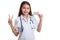 Asian young female doctor show victory sign with blank card.