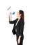 Asian young long brown hair pretty successful secretary businesswoman wears black formal suit hold white and blue megaphone in
