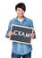 Asian young man with chalkboard showing a word exam