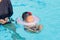 Asian young mother and cute eight month baby playing swimming po