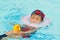 Asian young mother and cute eight month baby playing swimming po