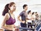 Asian young people working out on treadmill