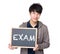 Asian young student with blackboard showing a word exam