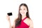 Asian young woman with red dress holding a credit card thinking to spend money lots isolated