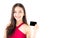 Asian young woman with red dress holding a credit card thinking to spend money lots isolated