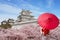 Asian young woman traveller wearing japanese traditional kimono with red umbrella sightseeing at famous destination cherry blossom