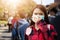 Asian Young woman walking in the city wearing protection mask on face because of air pollution, particulates and for protection