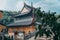 Asian Zen monastery architecture between mountains and forests