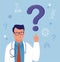 Ask the doctor. Doctor, medical professional is standing in front a question mark. Simply add the text. Vector