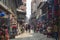 Ason Tole Market is busy with workers, local and tourists in front of the Ganesh Shrine, Indra Chowk, Kathmandu Nepal.