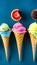 Asorted of ice cream scoops with cones in row on black background. Colorful set of ice cream scoops of different flavours. Sweet