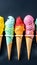 Asorted of ice cream scoops with cones in row on black background. Colorful set of ice cream scoops of different flavours. Sweet