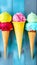 Asorted of ice cream scoops with cones in row on black background. Colorful set of ice cream scoops of different flavours. Sweet