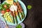 Asparagus and fried bacon and boiled eggs. Food recipe background. space for text. top view