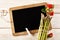 Asparagus spears and fruit over blank chalkboard