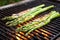 asparagus stalks charred on a grill grate