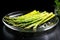 asparagus stalks with crispy ends on a glass plate