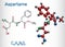 Aspartame, APM, molecule. Sugar substitute and E951. Structural chemical formula and molecule model