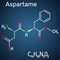 Aspartame, APM, molecule. Sugar substitute and E951. Structural chemical formula and molecule model on the dark blue background