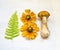 Aspen mushrooms. Orange-cap mushroom isolated on wooden background with fern and flowers