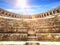 Aspendos Amphitheater close-up inside in the summertime with sunshine, Turkey, Serik district