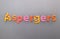 Aspergers word spelled out in bright colorful patterened letters on brushed metal background