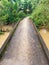 Asphalt bridge over murky waters of the Mekong and lush tropical vegetation. Perspective view of country road in lush forest