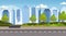 Asphalt highway road over city panorama high skyscrapers cityscape background skyline flat horizontal banner