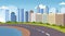 Asphalt highway road between river and beautiful city panorama high skyscrapers cityscape background skyline flat
