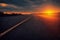 Asphalt highway road under sunset or sunrise light abstract scene background. Endless traffic speedway route track in