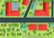 Asphalt path with markings. Streets of city. Top View from above. Small town house and road. Map with roads, trees and