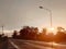 Asphalt paved road wet with rain on the side of the road beside the bush tree, Silhouette sunset shines bright orange color