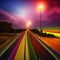 Asphalt racing track finish line with cheering fans and illuminated floodlights