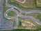 Asphalt racing track, snake shape, aerial view