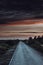 Asphalt road along the river during the orange sunset with cloudy skyline, vertical