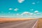 Asphalt road, blue sky with beautiful clouds and golden wheat field. Rural landscape.