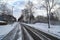 Asphalt road cleared from snow and line with bare trees during winter