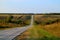 Asphalt road disappearing into horizon on background of meadows forests and blue sky