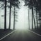 Asphalt road in a foggy morning forest