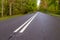 Asphalt road leading in a deciduous forest. Horizontal signs on the local road