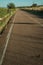 Asphalt on a road next to ditch and green bushes