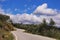 Asphalt road and trees around and cloudy blue sky. The road rises towards the mountain