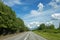 Asphalt road among the trees and blue sky with clouds