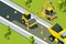 Asphalt street roller. Urban paved road laying safety ground workers builders yellow machines isometric vector landscape