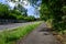 Asphalt walking path between a residential street and a forest woodland