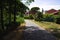 An asphalted pedestrian path in the middle of a public park Marche, Italy