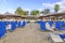 ASPROVALTA, GREECE - AVGUST 28, 2016 Beach bar Splash with lot sunbeds and sky background in Asprovalta