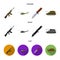 Assault rifle M16, helicopter, tank, combat knife. Military and army set collection icons in cartoon,black,flat style